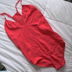 Free People Women's Neon Coral Rib Stretch Sleeveless Cami Bodysuit